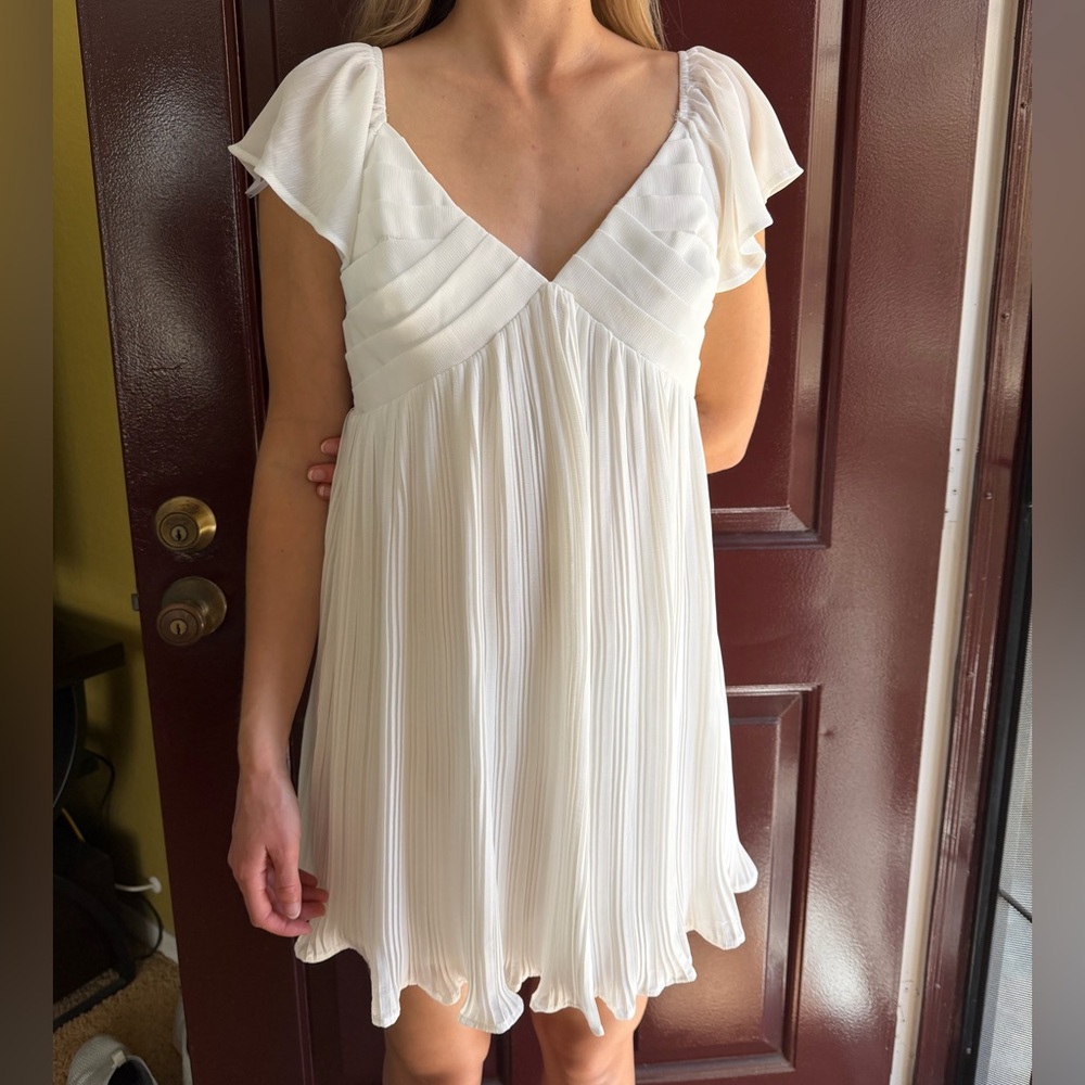 White Pleated V-Neck Flutter Sleeve Dress
